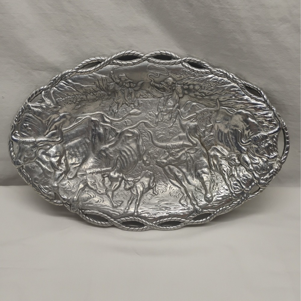 Arthur Court 1993 Western Cattle Cowboy Longhorn Cast Aluminum Serving Platter